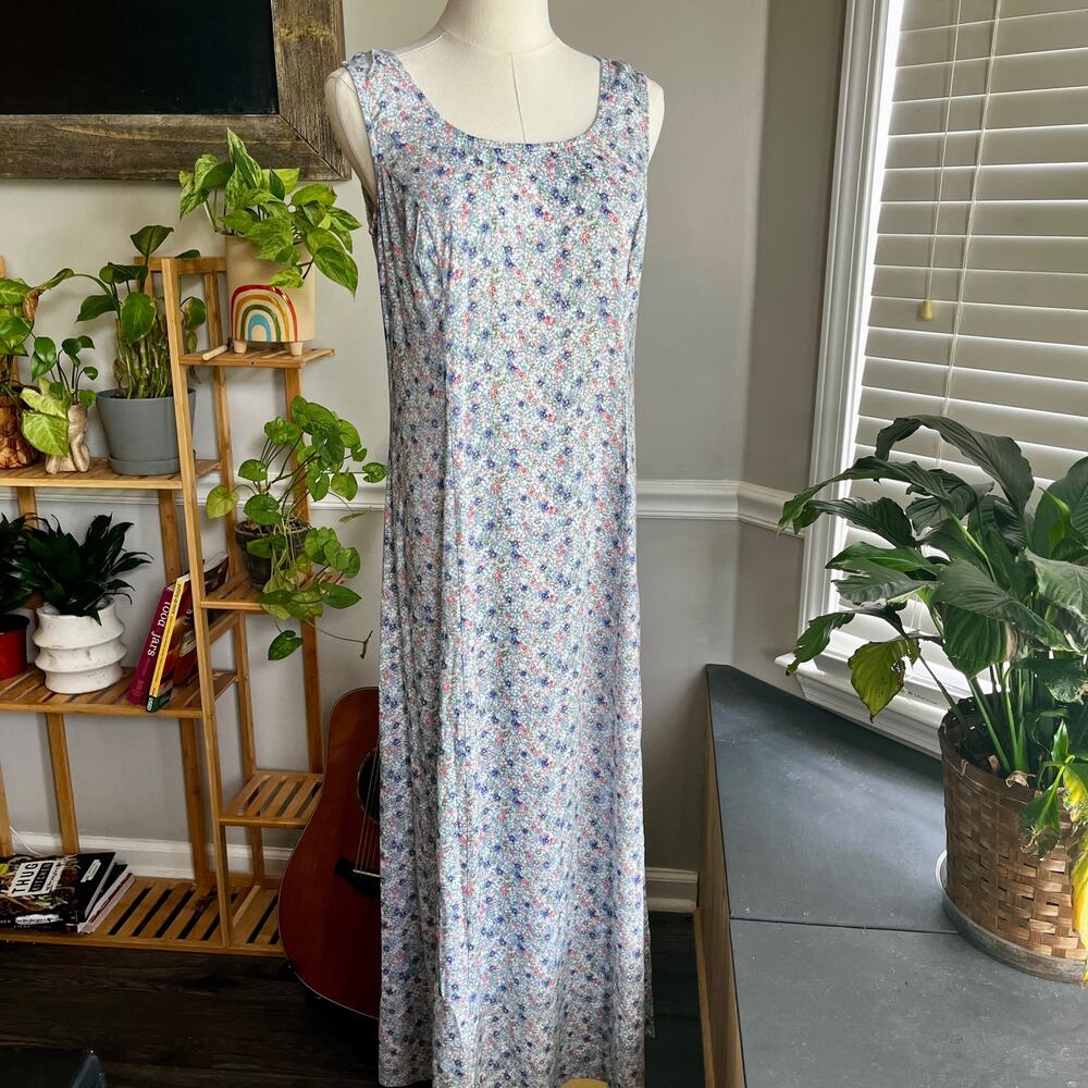 Vintage 90s Maxi Dress Blue Floral Rayon Sundress Size 8 or Medium